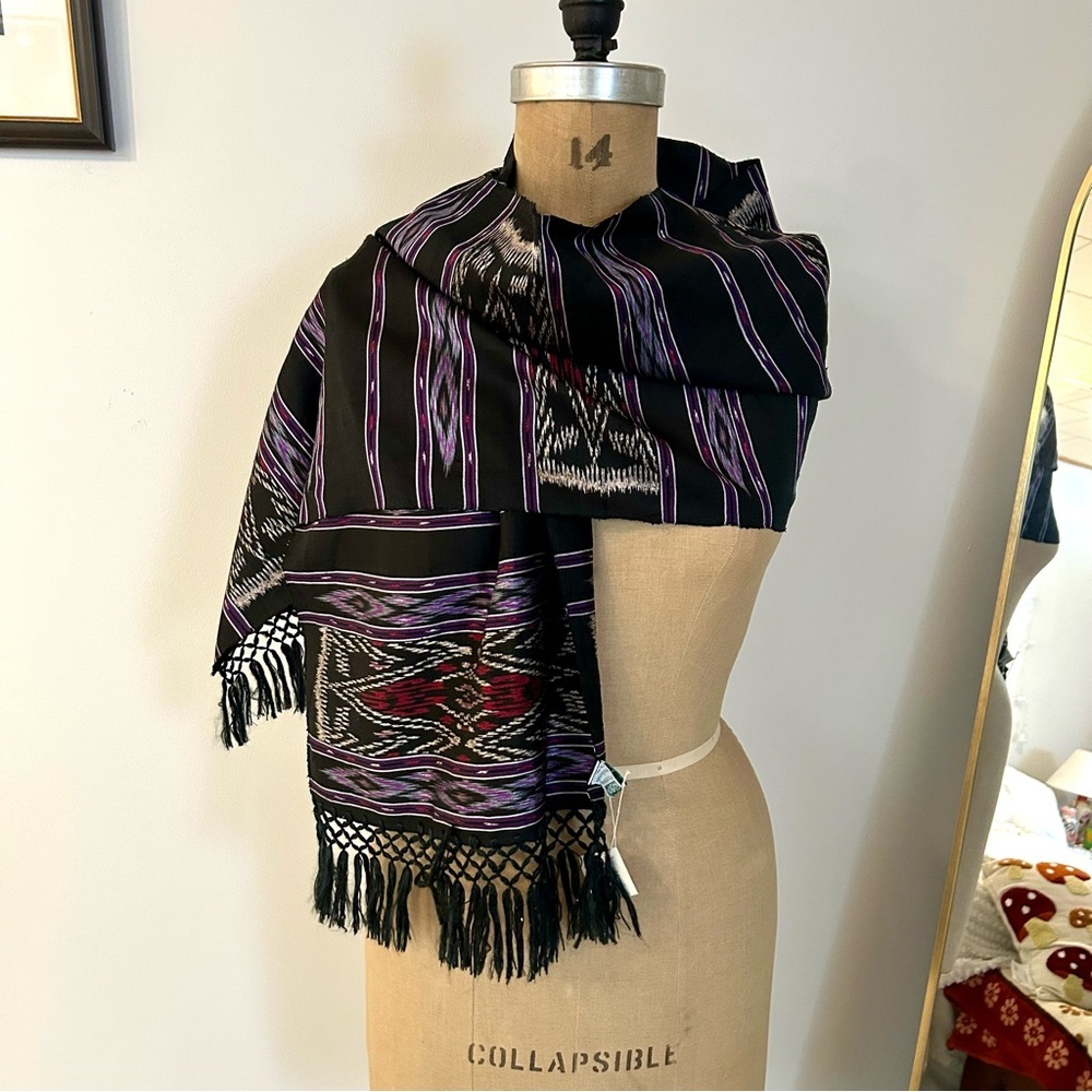 Ten Thousand Villages 100% Silk black and purple woven scarf NWT